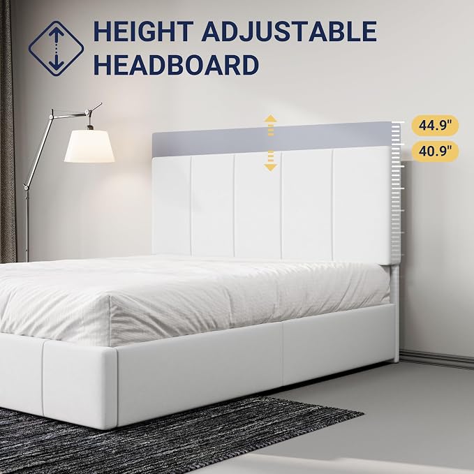Allewie Full Size Dutch Velvet Upholstered Platform Bed Frame/Vertical Channel Tufted Adjustable Headboard/Low Profile Bed Frame/No Box Spring Needed/Easy Assembly/White