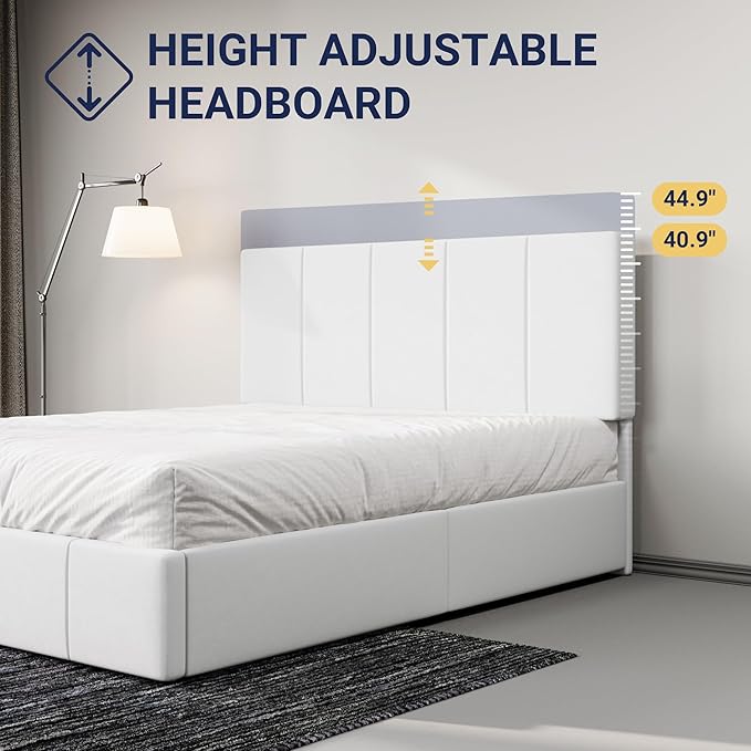 Allewie Queen Size Dutch Velvet Upholstered Platform Bed Frame/Vertical Channel Tufted Adjustable Headboard/Low Profile Bed Frame/No Box Spring Needed/Easy Assembly/White