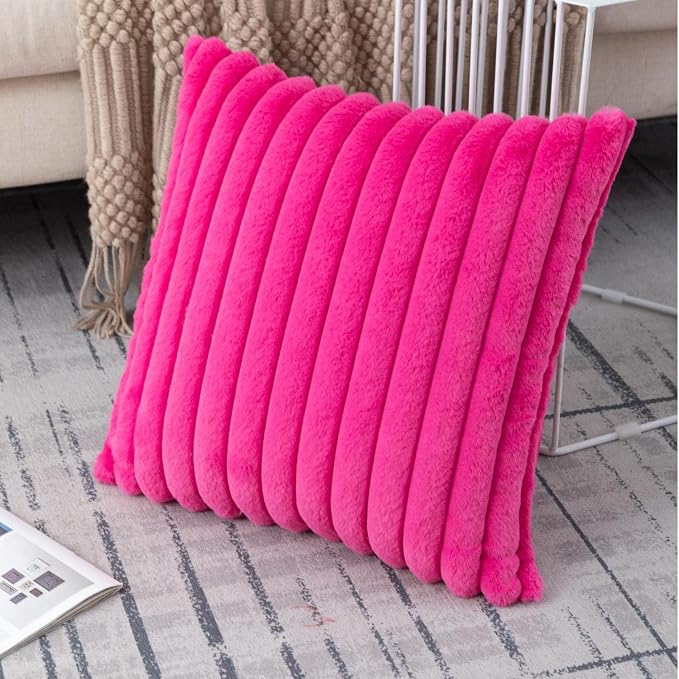 ZLINA Hot Pink Striped Faux Fur Throw Pillow Covers 20 x 20 Inch | 2‑Pack, boho striped pillow covers,velvet back,fuzzy plush cushion covers , for sofa bed livingroom home decor