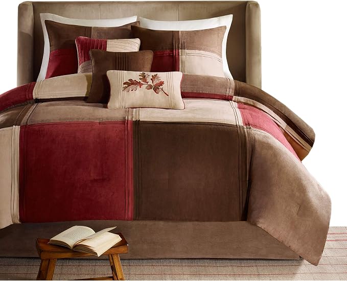 Madison Park Casual Blocks Comforter Set, 7PC Cal King Bedding Set | All Season, with Comforter, Shams, Bed Skirt, Decorative Pillows, Red Brown, Red