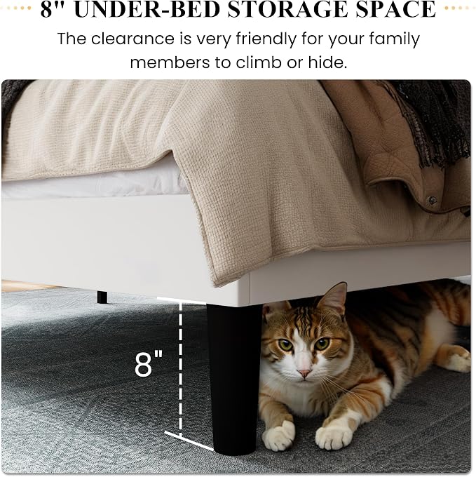 SHA CERLIN King Size Velvet Bed Frame, Tufted Wingback Headboard, White | 47'' Modern Vertical Channel Headboard, Upholstered Platform Bed, Wood Slats, No Box Spring Needed, Easy Assembly, Noise Free