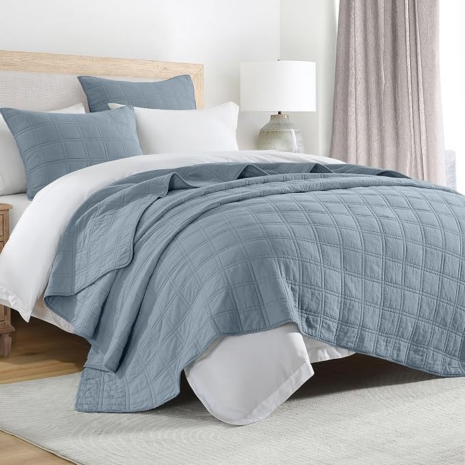HORIMOTE HOME 100% Cotton Quilt Set Twin Size, Adriatic Blue Pre-Washed Bedspreads Coverlet Set in Geometric Pattern, Cozy Lightweight Stitching Decorative Bedding Cover with 1 Sham for All Season