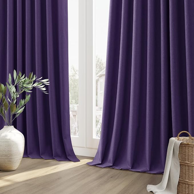 100% Blackout Curtains 84 Inch Length 2 Panels Set for Living Room Bedroom Back Tab Thermal Insulated Black Out Linen Drapes Room Darkening New Purple,52x84