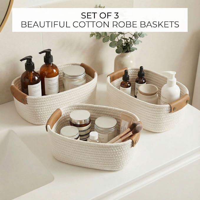 Beautiful Storage Basket Set of 3 - Sturdy Rope Baskets for Shelves | Perfect for Organizing Your Home - Quality Storage Bins Easily Fit with Any Nursery or Bedroom Decor