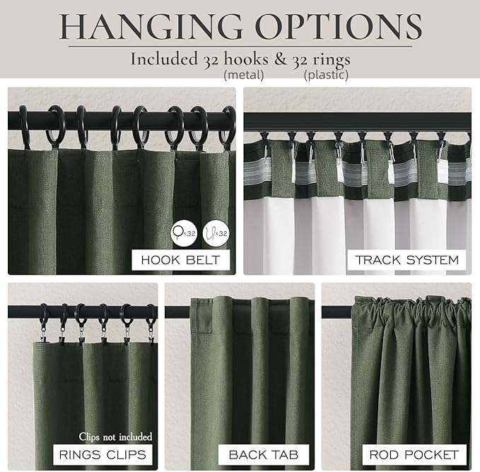 QJmydeco Green Country Kitchen Curtains 54 Inch Length Small Basement Window Blackout Cooling Curtains for Summer Heat Linen Cafe Classroom/Dorm Dark Olive Drapes Hook Belt/Back Tab(50"x54"x2 Panels)