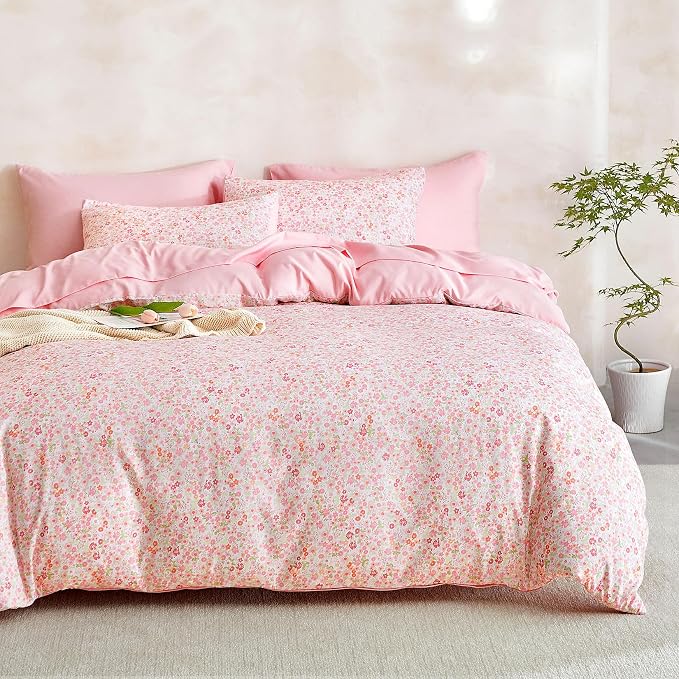 Wake In Cloud - Floral Duvet Cover Set, Cute Vintage Flower Cottagecore Aesthetic for Women Teen Girls, Soft Lightweight Bedding, 3-Piece, Pink, Full Size