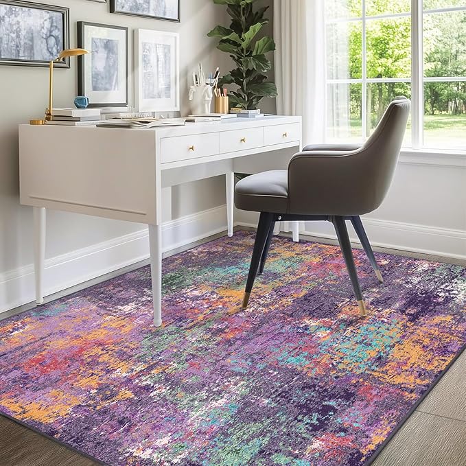 RELEANY Washable 9'x12' Abstract Area Rug for Living Room Purple Multi | Carpet for Bedroom, Kitchen, Office, Hallway and Entryway, Printed Pattern, Non‑Slip, Soft, Stain‑Resistant, Easy to Clean