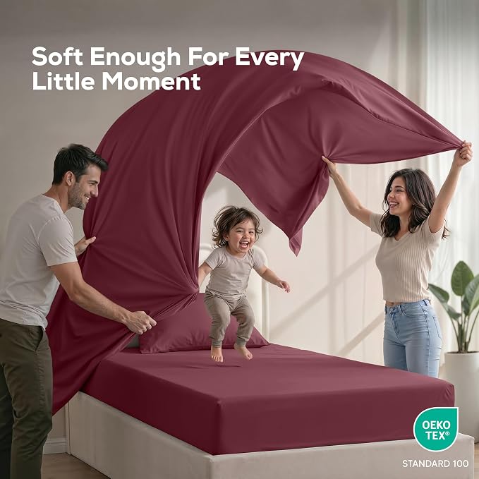 Twin Sheets Set, 3 Pieces 16" Deep Pocket Hotel Luxury Bed Sheets, Burgundy | Extra Soft Bedsheet Set, Comfy & Breathable Cooling Sheets, Wrinkle & Fade Resistant, Fitted Sheet, Flat Sheet, 1 Pillowcase