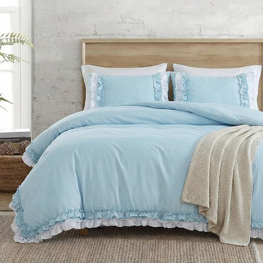 Bedrom Light Blue Duvet Cover Twin Ruffled Bedding Set Elegant Ruffle Lace Bedroom Decor Shabby Chic Farmhouse Style Blue Boho Duvet Cover Set