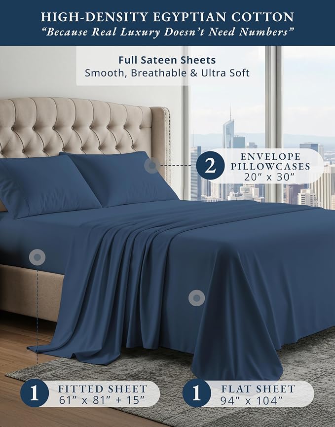 LANE LINEN Full Bed Sheets 100% Egyptian Cotton Sateen - Estate Blue | Full Sheets - 4-Piece Set, For A Luxurious Night's Sleep, For Guests And Everyday Use, Long-Staple Egyptian Cotton