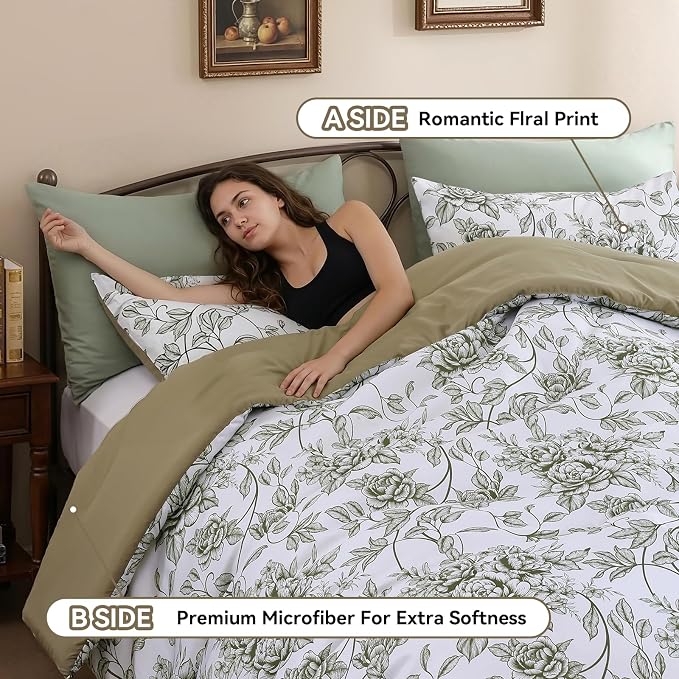 JANZAA Queen Size Comforter Set - Green Peony Floral Shabby Chic Bedding | 3 Piece Cute Floral Bedding for All Season, 1 Soft Fluffy Breathable Microfiber Comforter Set with 2 Pillowcases