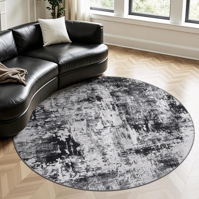 Rugflix Round Area Rugs 6Ft for Living Room, Washable Black Grey Circle Rug | Machine Washable; Stain-Resistant; Low Pile; Non-Slip; Modern Abstract; Carpet for Bedroom Dining Office Nursery Home