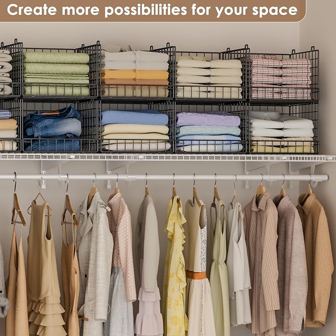 5-Tier Stackable Closet Organizers and Storage Baskets, Closet Shelf Organizer for Small Space, Space-Saving closet organizer system, Foldable Clothes Storage Bins for Closet Organizer System, Black