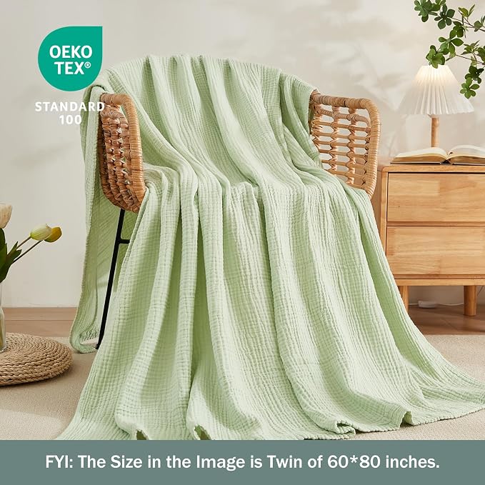 EMME Muslin Blankets for Adults Throw Blanket for Couch Breathable Gauze Soft Lightweight Airy Mint Green Queen 90" x 90"