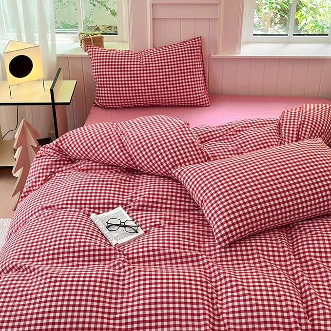 LifeTB Queen Comforter Set Red Gingham Comforter Modern Style Plaid Boho Comforter Set 3 Pieces Fluffy Grid Checkered Comforter with 2 Pillowcases Farmhouse Gingham Bedding Set Queen Size