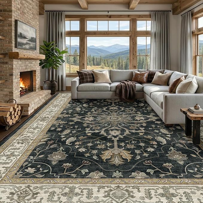 RELEANY Washable Area Rug, Large 9'x12', Black/Vintage/Beige | Non-Slip, Water Repellent, Pet Friendly, Easy to Clean, Vintage Floral Boho Decor for Living Room Bedroom Dining Room