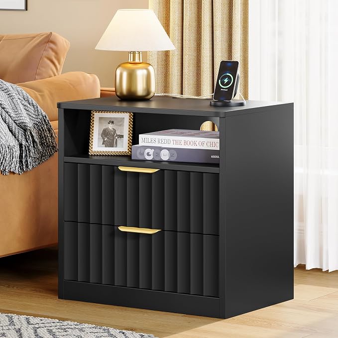 Fluted Nightstands Set of 2, Night Stand with Charging Station and LED Light, Nightstand with Storage Drawer and Open Shelf, Bedside Table for Small Space, Bedroom, Black
