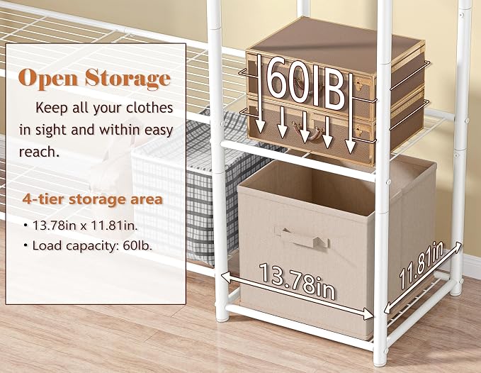 HOMIDEC Wardrobe Closet,Portable Clothes Rack with 4 Tiers Shelves | Freestanding Closet Organizers and Storage System with Hanging Rod,Steel Clothing Rack Suitable for Cloakrooms,Bedrooms.White