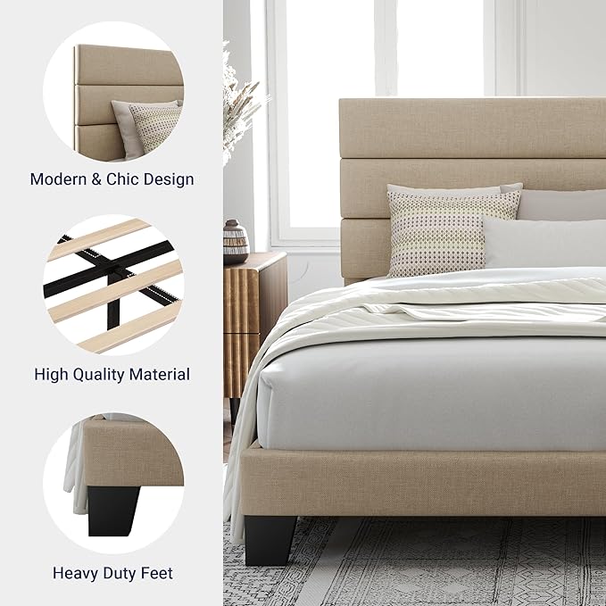 Allewie Queen Size Platform Bed Frame with Fabric Upholstered Headboard | Wooden Slats Support, Fully Upholstered Mattress Foundation, No Box Spring Needed, Easy Assembly, Noise-Free, Beige