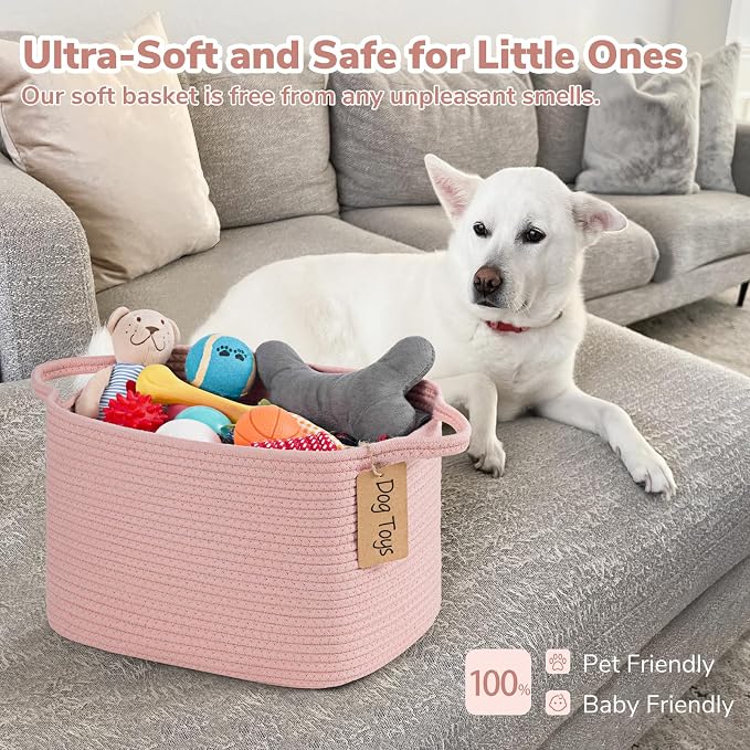 Goodpick Woven Rope Storage Basket for Shelves, Rectangle, Pink | 13" × 10" × 9" Stylish Gift Basket for Nursery, Bedroom & Bathroom Organization, Fits Toys, Towels & Baby Essentials Storage