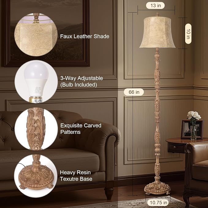 Scenekoy Vintage 66” Tall Floor Lamp for Living Room Bedroom | Resin Carved Standing Lamp with Faux Leather Shade, Adjustable Bulb, Rotary Switch Rustic Lamp for Home Decor (Light Brown)