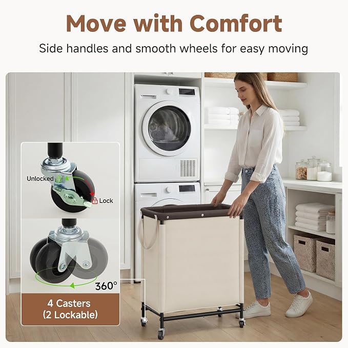 StorageWorks 2 Section Laundry Hamper, 100L Beige Sorter Cart with Wheels | Laundry Basket with Handles, Beige Sorter Cart for Bedroom, Bathroom, Apartment, Dorm