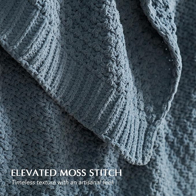 EVERGRACEHOME Chunky Chenille Knit Throw Blanket, 60 x 80, Stormy Blue | Sculpted Moss Stitch, Chic Modern Farmhouse, All-Season Warmth, OEKO-TEX® Certified, Elegant Blanket for Couch, Bed, Sofa