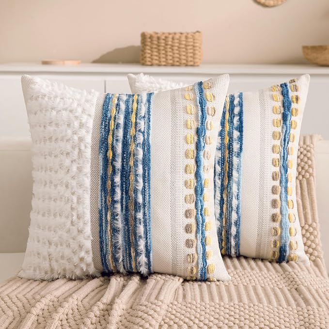 Boho Chenille Tufted Couch Throw Pillow Covers 18x18 Inch Set of 2 Farmhouse Striped Decorative Pillow Covers Accent Neutral Square Pillowcase Blue Cushion Covers for Livingroom Sofa Bed