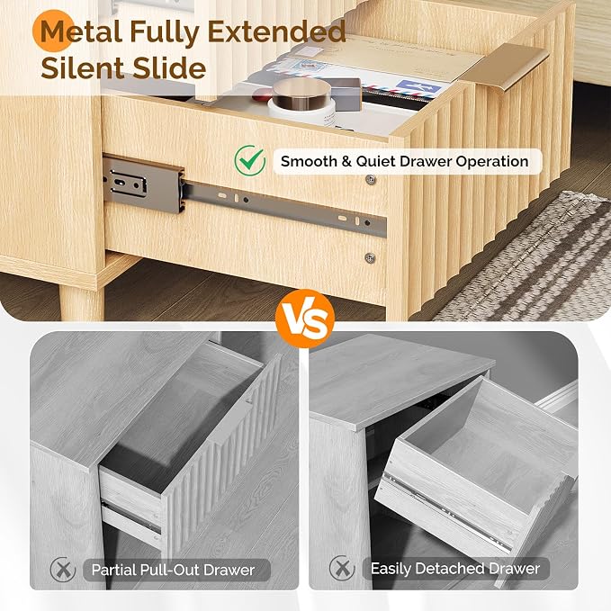 VINGLI Fluted Nightstand with Charging Station, Wood Nightstand with 2 Drawers Night Stand for Bedroom, Fluted Bedside Table/End Table/Side Table with Pine Wood Legs, Oak, 15.75" W*15.55" D*23.62" H