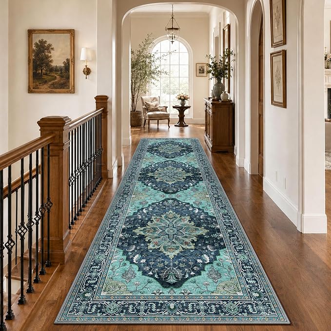 RELEANY Washable Area Rug, Runner 3'x10', Teal | Non-Slip, Water Repellent, Pet Friendly, Easy to Clean, Vintage Floral Boho Decor for Kitchen Hallway Laundry Living Room