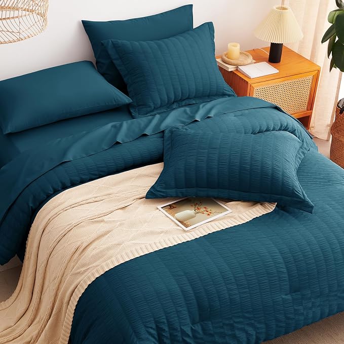King Size Comforter Set 7 Pieces Lyons Blue Seersucker Bed in a Bag | OEKO-TEX Certified, All Season Bedding Set with 240 GSM Down Alternative Comforter, Flat & Fitted Sheets, Pillowcases & Shams