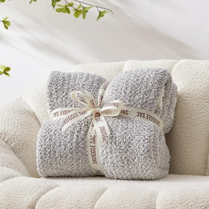 Snuggle Sac Buttery Grey Throw Blanket for Couch, Reversible Super Soft Warm Blankets Cozy Knit Fuzzy Plush Lightweight Throws for Sofa, Bed, Heather Grey, 50"x60"