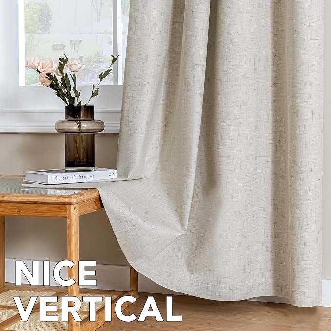H.VERSAILTEX Linen Curtains 100% Blackout Curtains for Bedroom 120 inch Long Full Light Blocking Nature Linen Blended Window Curtains for Living Room Nickel Grommet (2 Panels, Heathered Linen)