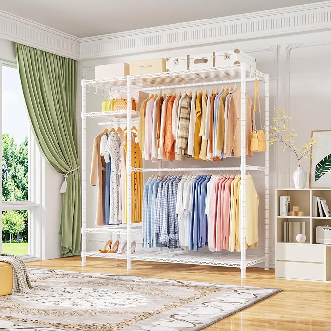 Ulif F7 Clothes Rack Heavy Duty, Clothing Racks for Hanging Clothes, White | Garment Rack with Shelves, 6-Tiers Freestanding Portable Closet Storage Racks 58'' W × 14.6'' D × 76.6'' H, Max Load 800 Lbs