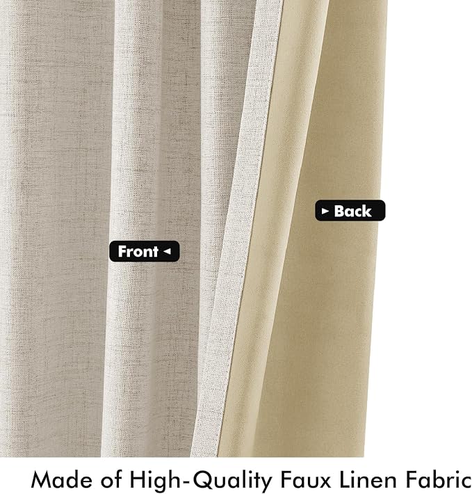 MIULEE 100% Blackout Linen Curtains for Bedroom 42 x 96 Inch Birch 2 Panels | Thermal Insulated, Room Darkening Drapes for Living Room, Back Tab Rod Pocket Pinch Pleated, Solid Luxury Decor