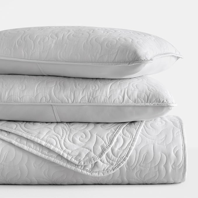 Merit Linens Modern Quilt Coverlet Soft Set in Floral Stitching - King/Cal-King Light Gray