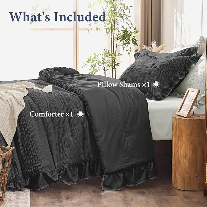 JOLLYVOGUE Black Twin/Twin XL Comforter Set, 2 Pieces Seersucker Lightweight Fluffy Bedding Set, Twin Ruffle Comforter, All Season Soft Microfiber Shabby Chic Bed Set