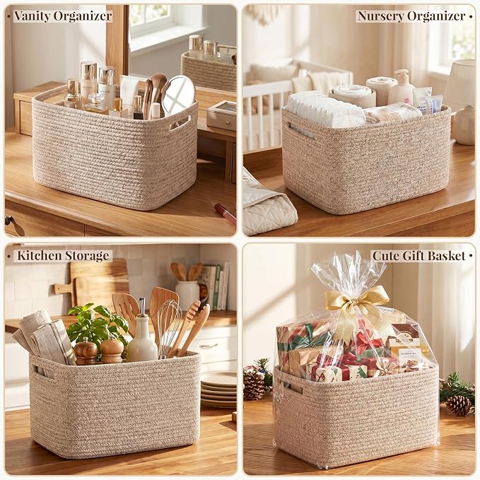 OIASKET 4Packs Natural Cotton Rope Storage Baskets for Organizing Toys, Clothes, Towels & Books, Soft Versatile Organizers for Shelves, Home Decorative Bins, 13''Lx9''Wx7.8''H, Brown