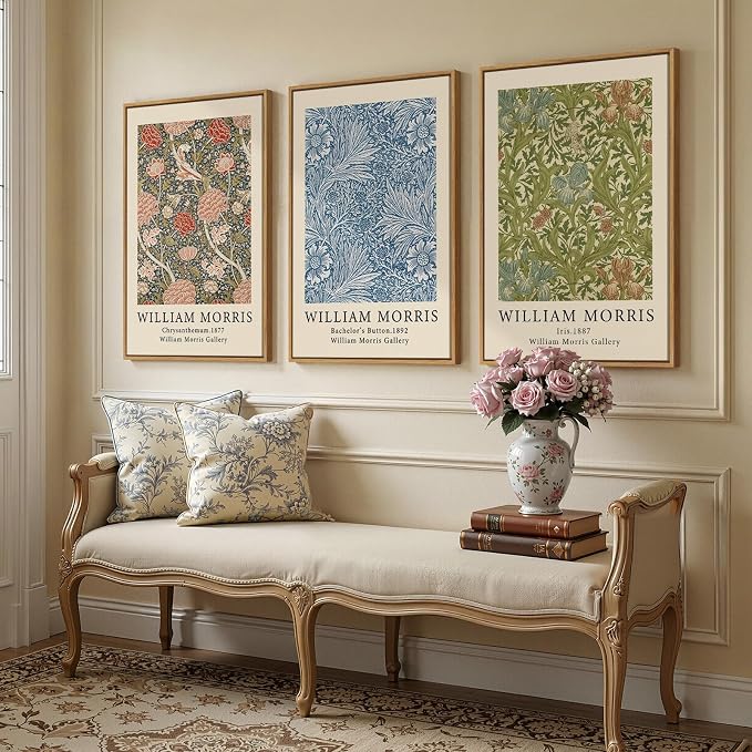 Large Framed Green William Morris Botanical Floral Wall Art, Set of 3 | Vintage, Canvas prints, Retro classic, Natural pattern, 30x60 inch, Living room, Bedroom, Dining room, Hallway decor