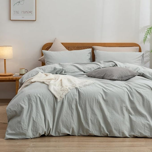 BESTOUCH Cotton Solid Duvet Cover Set Linen Feel Northern Droplet Grey Twin | 100% Washed Cotton, Soft Wrinkle Texture, Hidden Zipper, 8 Ties, Breathable Lightweight Durable Comfy, 2 Pcs No Insert