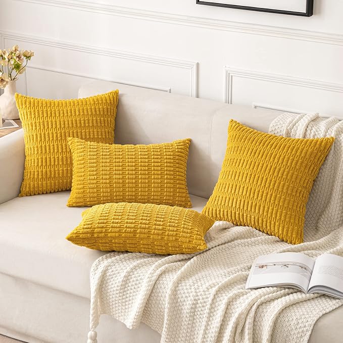 MIULEE Euro Corduroy Decorative Throw Pillow Covers 24x24 Mustard Yellow | Pack of 2 Sham Soft Boho Striped Pillow Covers Modern Farmhouse Home Decor For Sofa Living Room Couch Bed