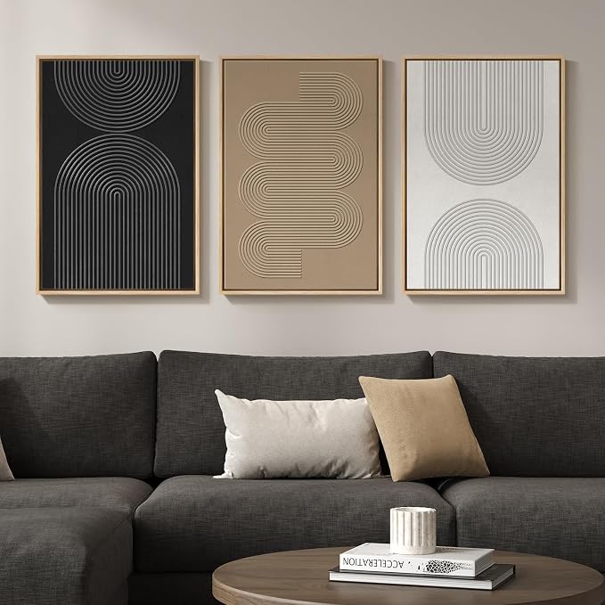 Framed Boho Abstract Wall Art Set, 3 Piece Modern 3D Artwork, 16x24 In | Solid wood frame, Textured paintings, Neutral black white brown geometric sculpture, Bedroom dining room office wall decor