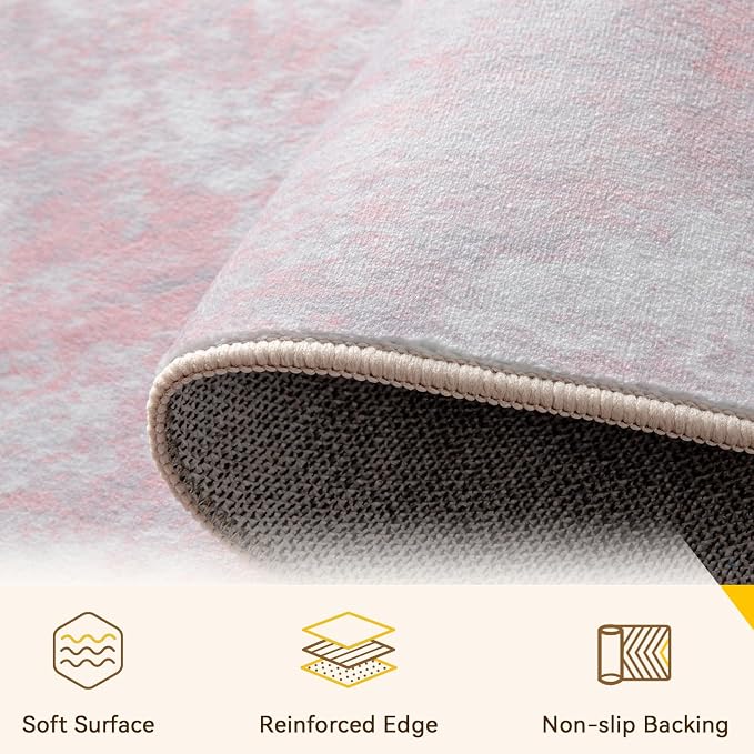 RELEANY Washable 7'x9' Abstract Area Rug for Living Room Gray Pink | Carpet for Bedroom, Kitchen, Office, Hallway and Entryway, Printed Pattern, Non‑Slip, Soft, Stain‑Resistant, Easy to Clean