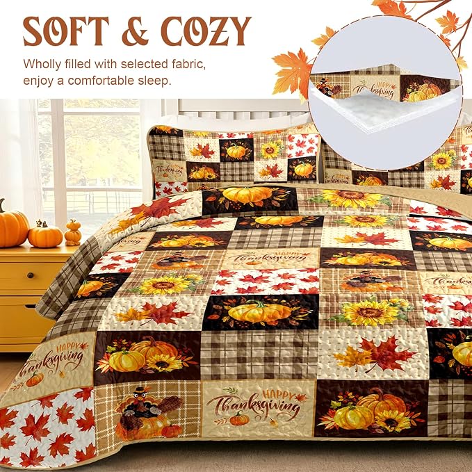 Fall Patchwork Quilt Set Queen, 3 Pieces Thanksgiving Bedding Set Brown | Sunflower Maple Leaves Pumpkin Pattern Bedspread, Soft Lightweight Microfiber Autumn Coverlet with 2 Pillow Shams (96"x90")