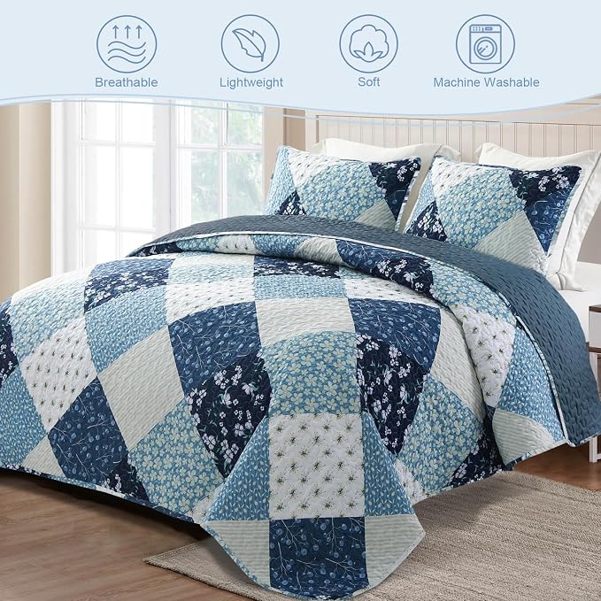 Exclusivo Mezcla Reversible Boho Quilts Twin Size Blue | Lightweight Soft Bedspreads, All Season Patchwork Coverlet Bedding Set, Printed Floral Pattern, 1 Quilt and 1 Pillow Sham