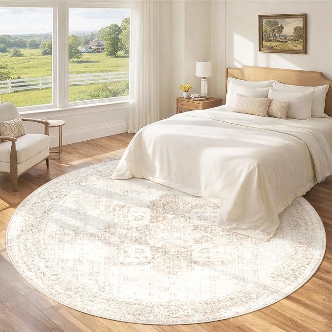 Round Rugs 6ft Washable Rug, Vintage Boho Medallion Rugs Non-Slip Soft Low Pile Circle Distressed Rug Indoor Retro Carpet for Living Room Bedroom Dining Room Home Office (Beige, 6' Round)