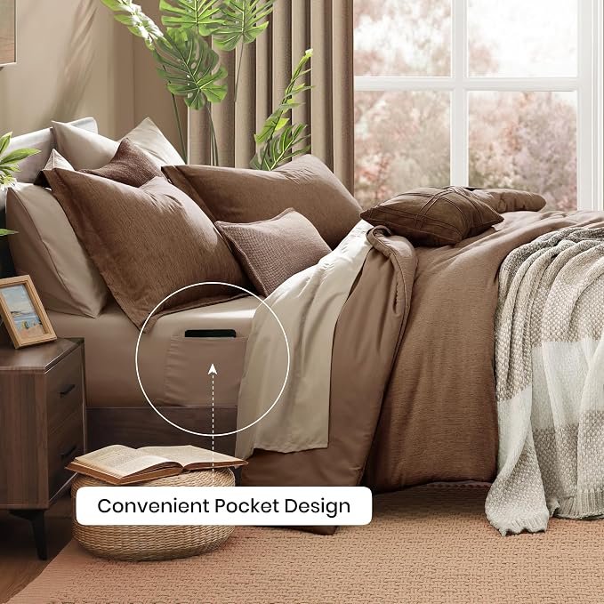 Monbix Queen Comforter Set 7 Pieces Brown Cationic Dyeing Bed in a Bag | Lightweight Reversible All Season Bedding Sets with Comforter, Sheets, Pillowcases & Shams