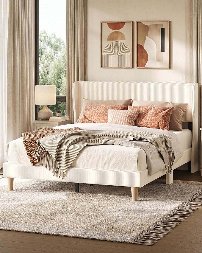 Bestier Queen Bed Frame with Wingback Headboard,Upholstered,Beige | Easy Assembly,Wingback Headboard,No Squeaks,Vertical Channel Corduroy Upholstered,Wooden Slats Support,No Box Spring Needed