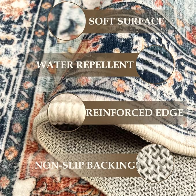 RELEANY Washable Area Rug, 3'x5', Beige/Blue/Orange | Non-Slip, Water Repellent, Pet Friendly, Easy to Clean, Vintage Floral Boho Decor for Living Room Bedroom Beside Kitchen