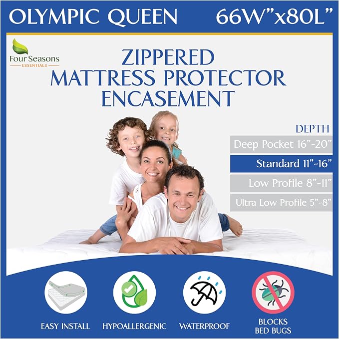 Zippered Olympic Queen Mattress Protector (66"x80") - Super Queen Size Bedbug Waterproof Mattress Cover, Premium Quality Hypoallergenic Bed Encasement